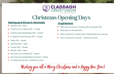 Claddagh Credit Union Christmas and New Years Days